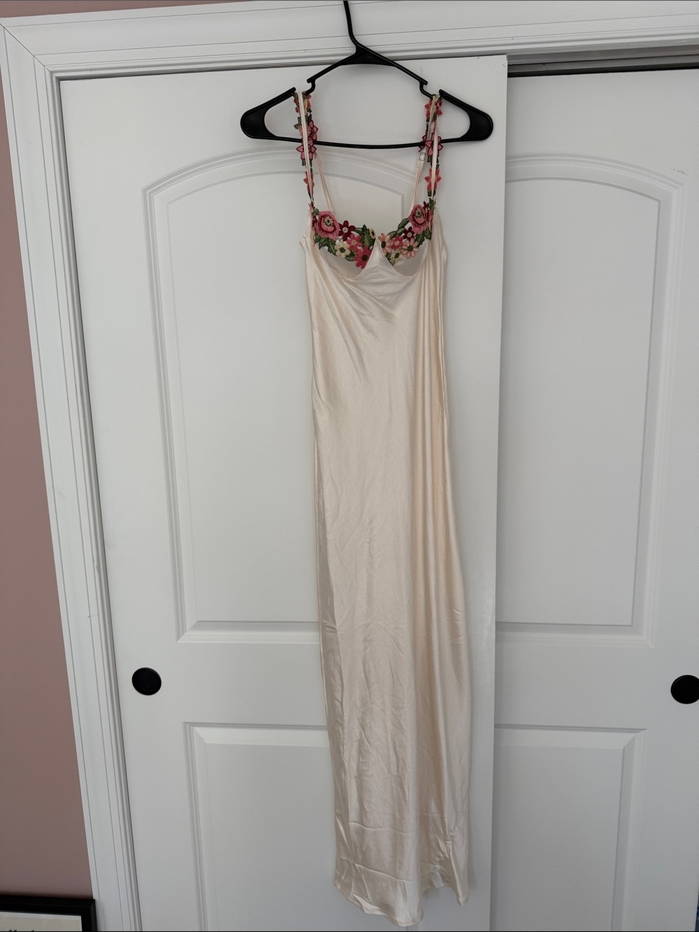 Selfie Leslie Cream Maxi Slip Dress with Pink Floral Embroidery